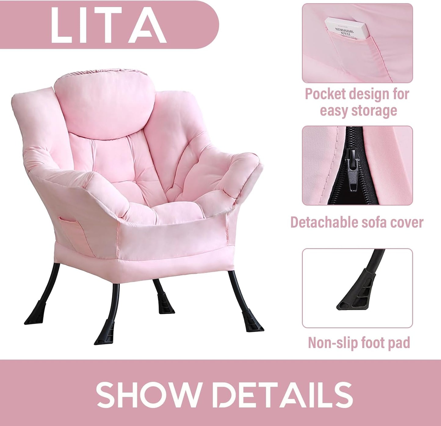 LITA Lazy Chair with Ottoman, Modern Accent Leisure Upholstered Sofa, Contemporary Lounge Reading Chair with Armrests and a Side Pocket for Living Room, Bedroom & Small Space, Single Pink