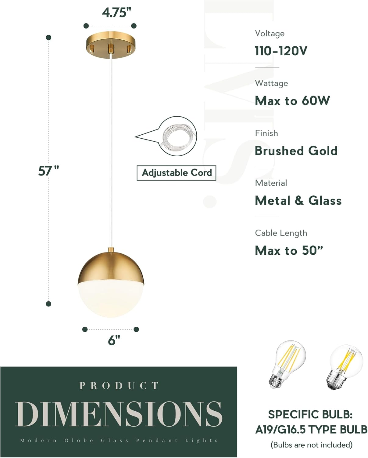 LMS 6-inch Brushed Gold Pendant Light Fixtures, Mid Century Pendant Light Fixtures with White Globe Glass, Adjustable Hanging Cord Ceiling Light Fixtures for Dining Room Bathroom, LMS-186BGS