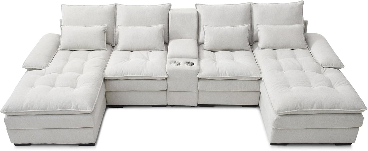 KEIKI 130" U-Shaped 6 seat Sofa with Storage Console, Cup Holders, Upholstered Sectional Sofa, Button Tufted Cloud Cushion Couch for Home, Office, Apartment, Beige