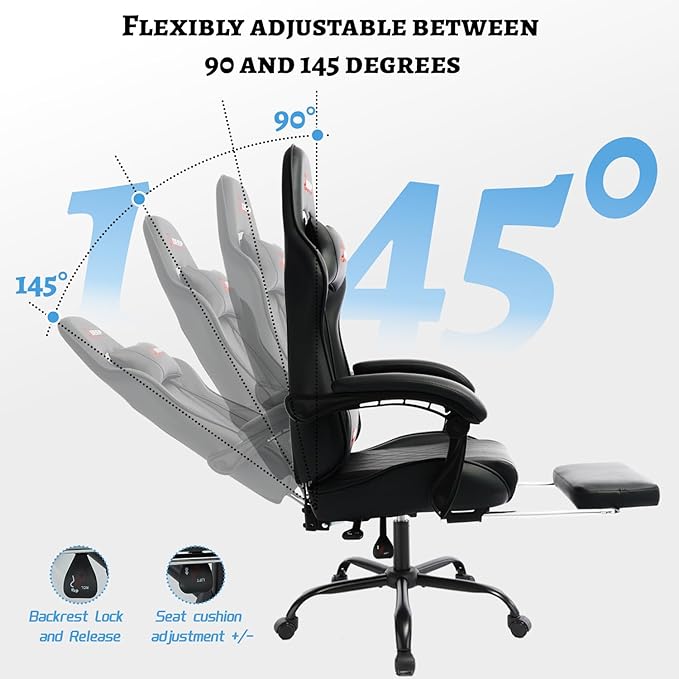 Ergonomic Gaming Chair with Footrest and Lumbar Massage, Racing Office Chair, High Back Computer Desk Chair with Headrest Pillow for Adults, Video Game Chair for PC Gamer (1001-Black)