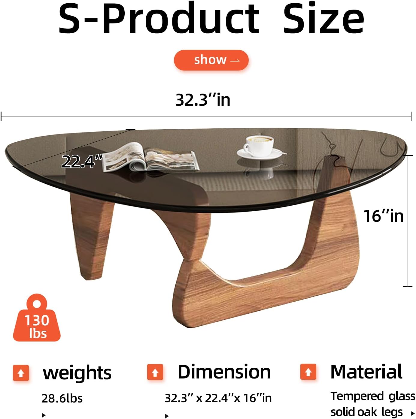 Mid Century Modern Glass Coffee Table, Small Coffee Table for Living Room, Elegant and Functional Coffee Tables Suitable for Bedroom Living Room Reception Office Tables（Walnut/Grey，Small）