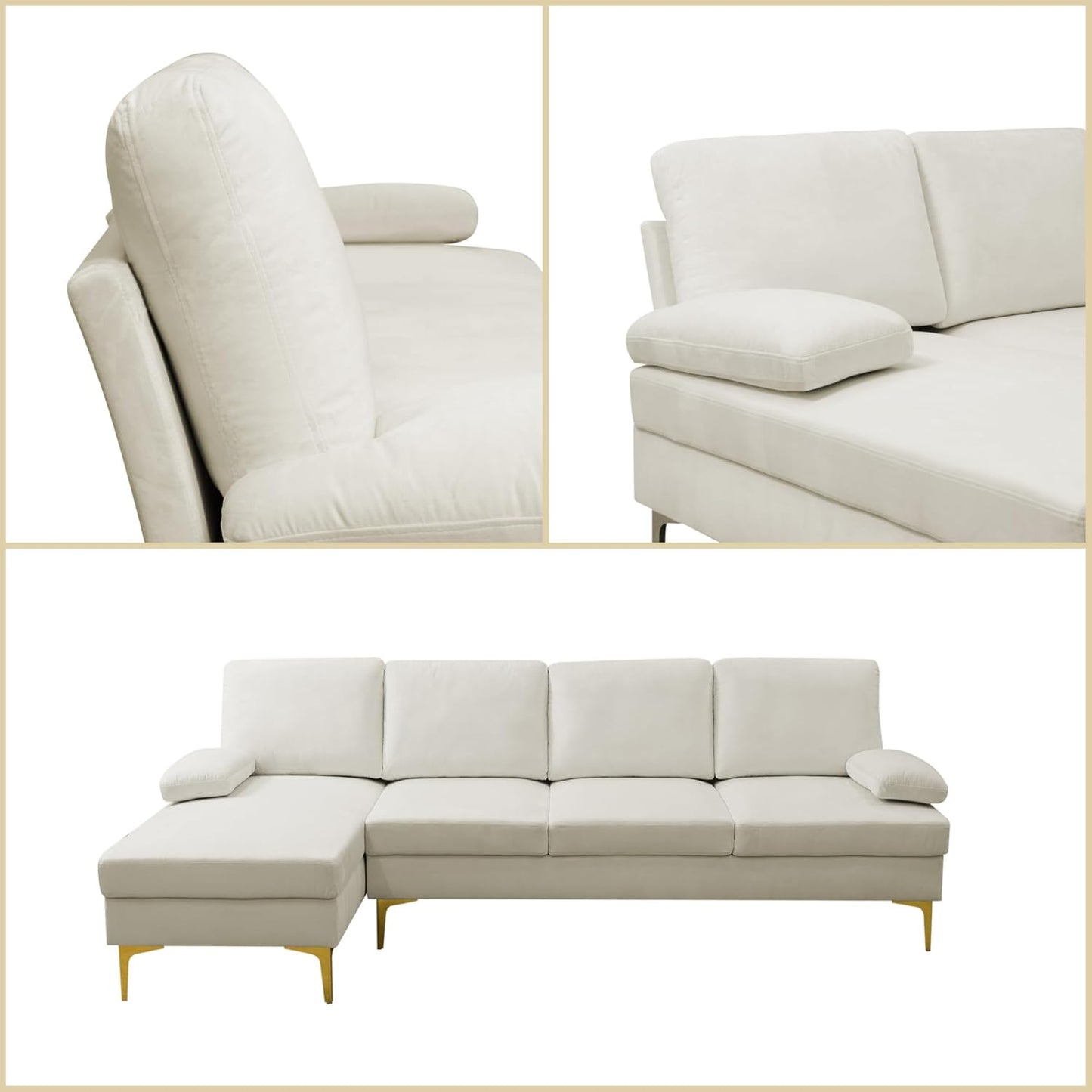 L Shaped Sectional Couch, Modern Modular Sectional Sofa with Chaise, 4 Seat Lounge Comfy L Shaped Couch Set with High Density Memory Foam for Living Room Apartment, White