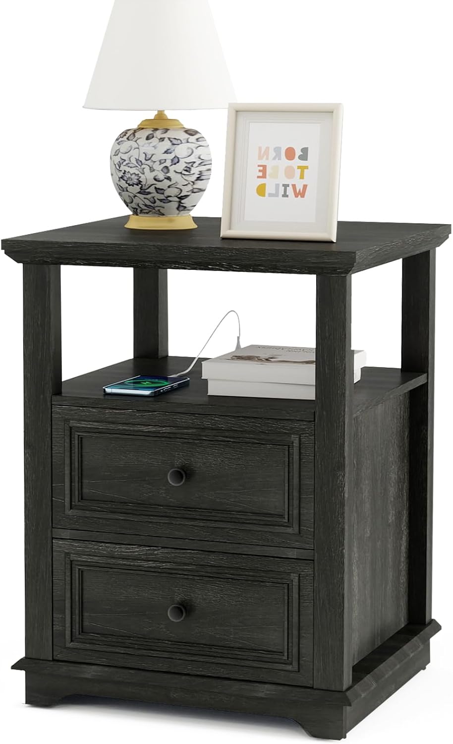 Vipbear Farmhouse Nightstand 18" Dark Gray End Table with Charging Station & 2 Drawers, Rustic Bedside Table with Storage Shelf for Bedroom, Living Room,18.1" D x 18.1" W x 24.2" H
