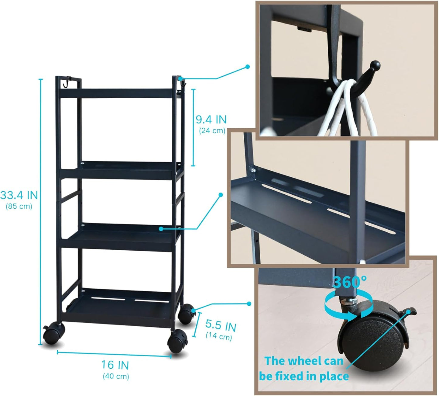 Beyeutao 4 Tier Slim Storage Cart with Wheels Black Rolling Utility Cart Bathroom Storage Organizer Narrow Storage Cabinet for Kitchen, Bedroom, Laundry Room, Bathroom