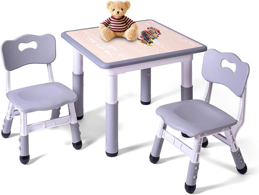 Kids Table and 2 Chairs Set, Height Adjustable Toddler Study Table and Chair Set, Kid Size for Ages 3-8 Children, Graffiti Desktop, Easy to Wipe/Arts & Crafts, Homes/Classrooms/Daycare (Grey)