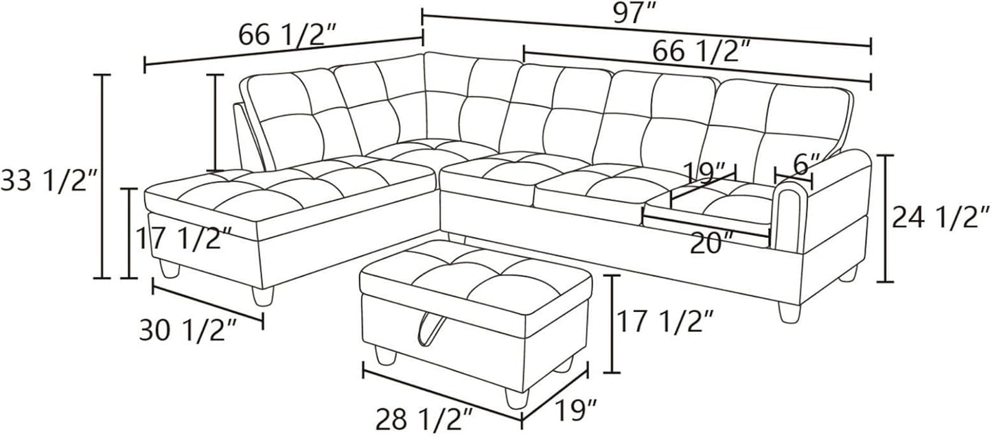 Sectional Couch with Ottoman Storage, L Shaped Couch Sofa Furniture Sets, Modern Modular Comfy Sofa for Living Room Bedroom, Blue