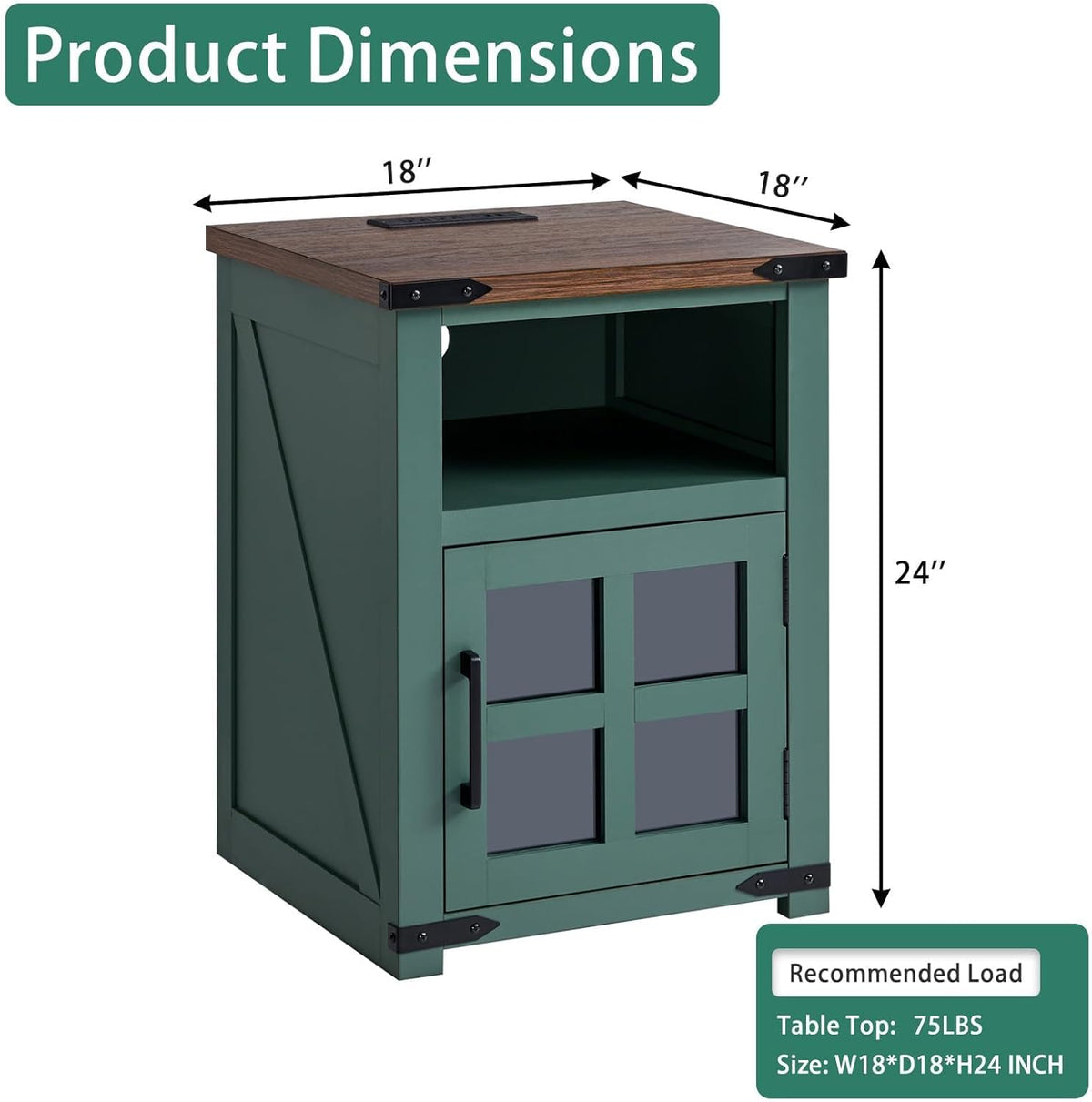 Farmhouse Nightstand with Charging Station, Rustic End Table with Tempered Glass Barn Door, Wood Sofa Side Bedside Table with Open Storage Shelf for Living Room, Bedroom, Green