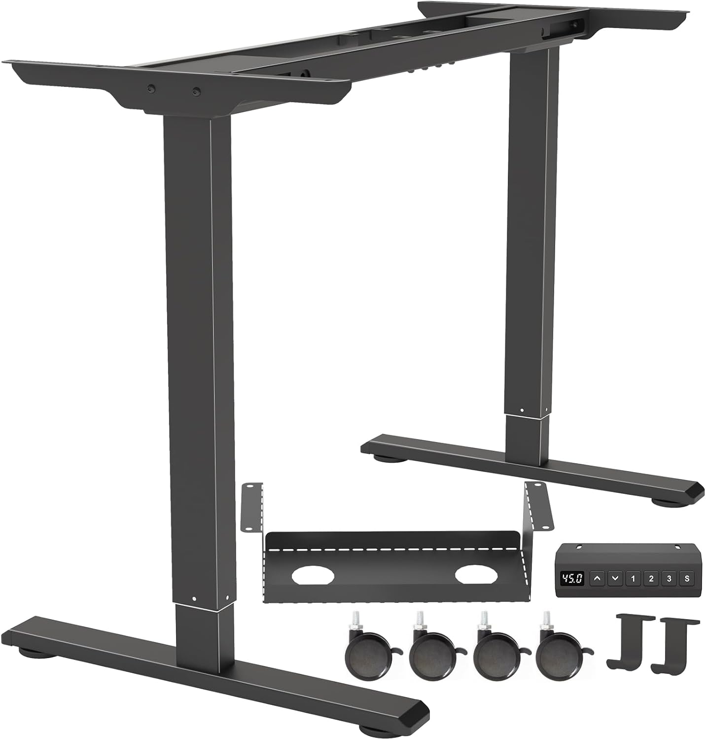 Dual Motor Standing Desk Frame, Electric Adjustable Legs with Memory Presets, Stand Up Desk Frame Workstation, with Cable Management Tray, Headphone Hook, Caster Wheels, for Home Office