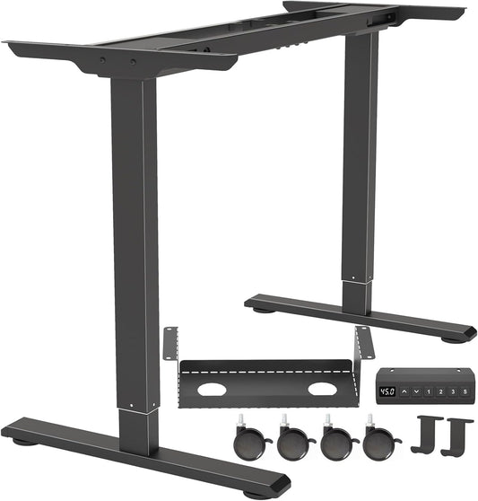 Dual Motor Standing Desk Frame, Electric Adjustable Legs with Memory Presets, Stand Up Desk Frame Workstation, with Cable Management Tray, Headphone Hook, Caster Wheels, for Home Office