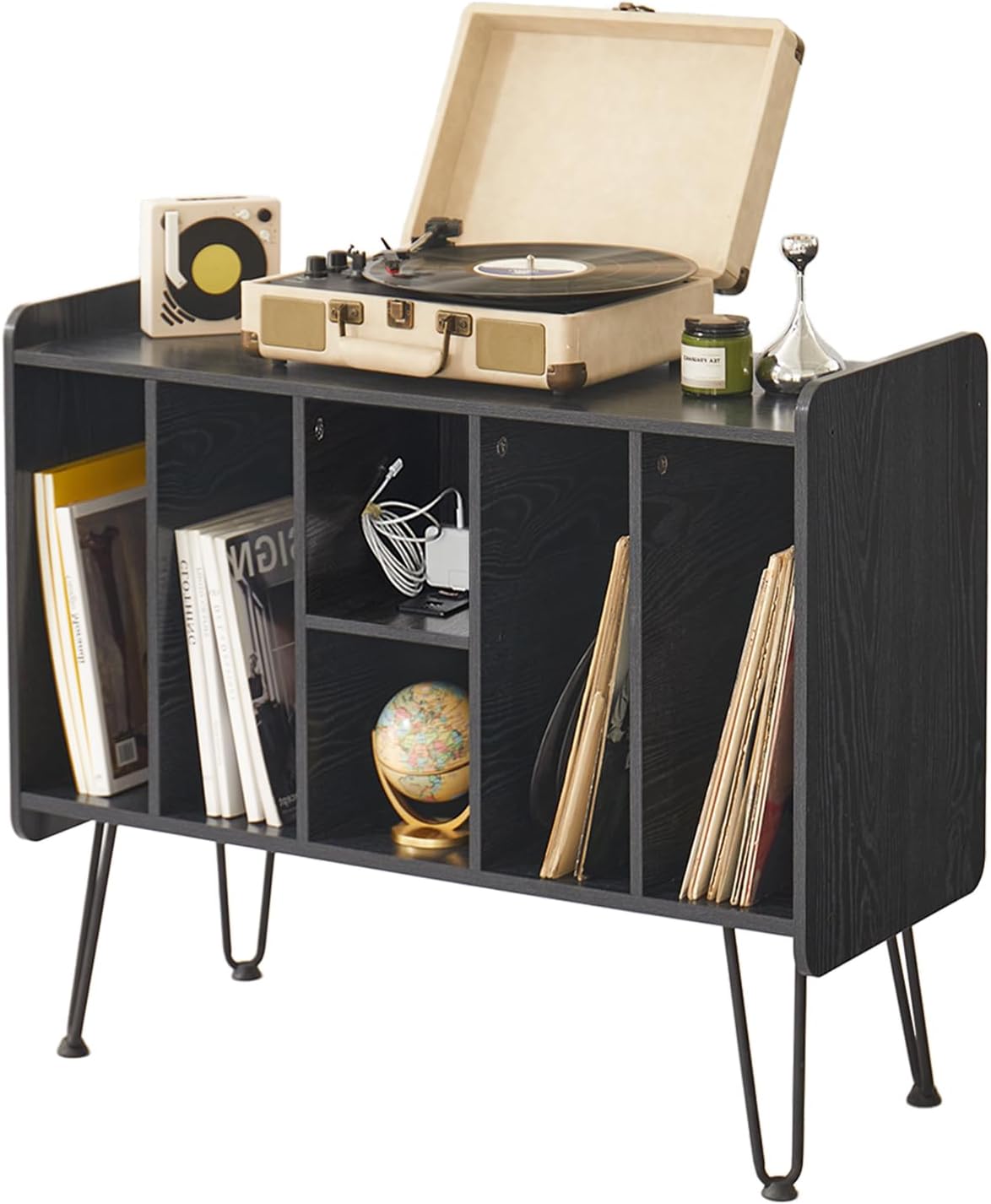 Large Record Player Stand with Vinyl Storage, Black Record Player Table with Power and USB Port, Holds Up to 200 Albums, Turntable Stand with Record Storage, Vinyl Record Player Storage Cabinet