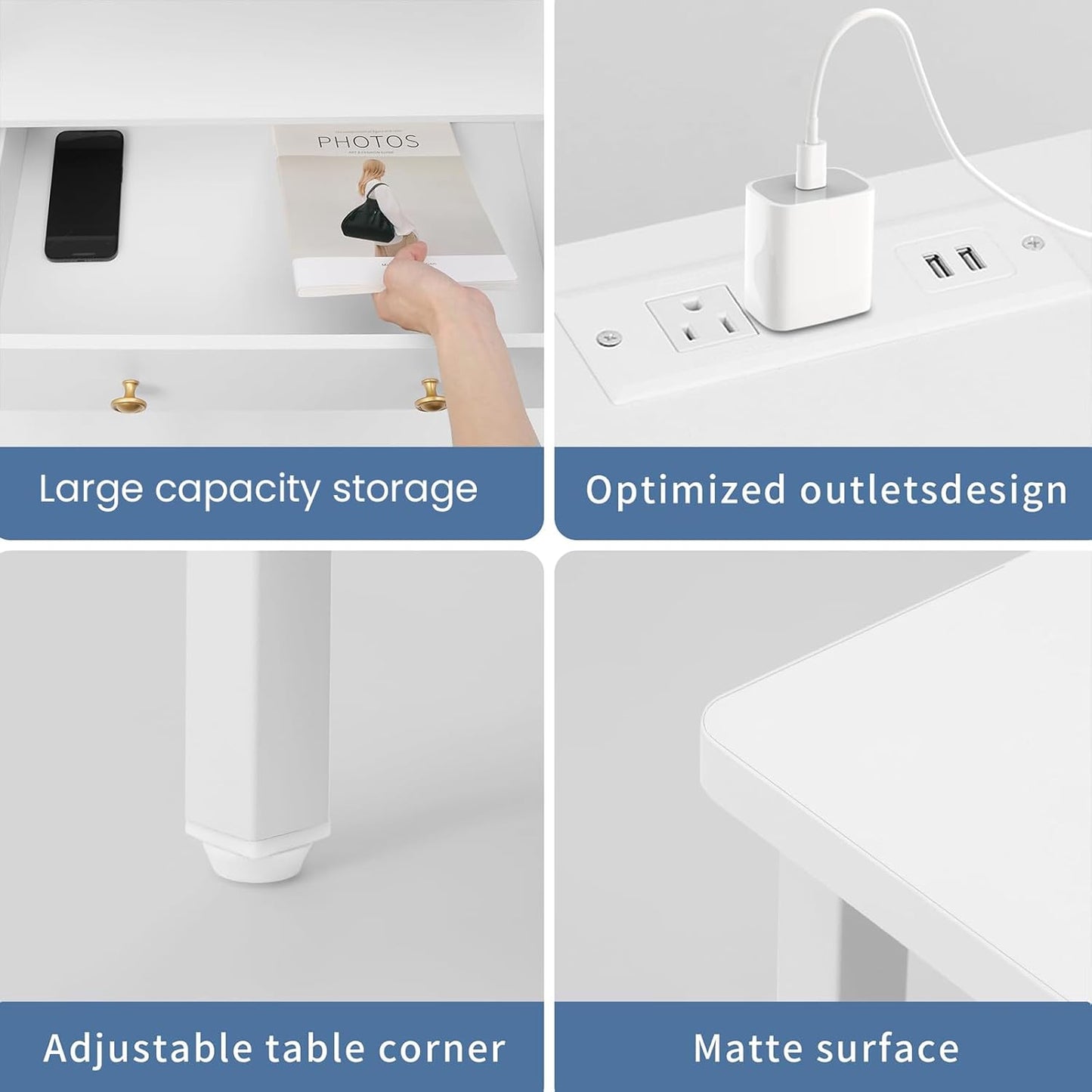 3 Wooden Drawers Night Stand, 27 Inch Wide Nightstand with Charging Station and Adjustable Drawers, Bedside Table for Living Room/Bedroom/Office, White.
