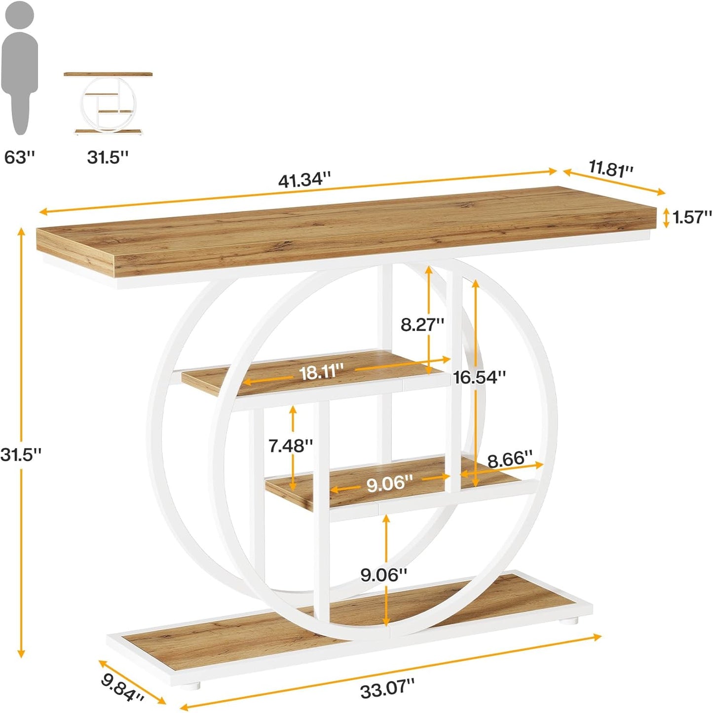 Tribesigns 41.3" Console Table, Industrial 4-Tier Sofa Table Entryway Table with Circle Base, Narrow Wood Accent Tables with Storage Shelves for Living Room, Hallway, Foyer, Brown White