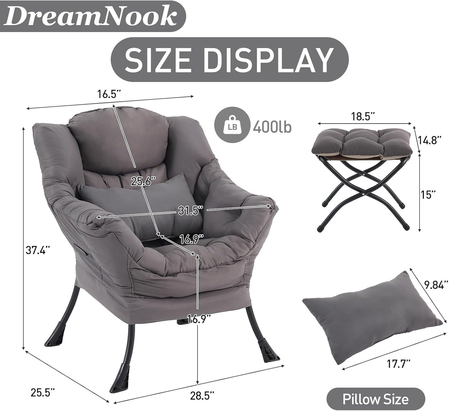 Lazy Chair with Ottoman, Modern Accent Chair with Lumbar Pillow, Comfy Chairs with Folding Footrest for Bedroom, Reading, Oversized Supportive Lounge Chairs(Dark Grey)