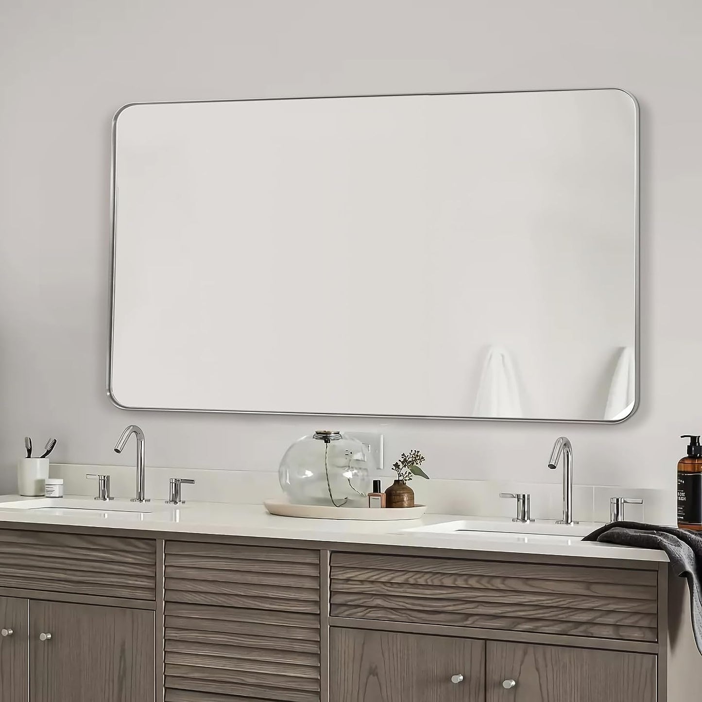 Silver Wall Mirror, 30x48 Inch Rounded Rectangle Vanity Mirror for Bathroom, Anti-Rust, Shatterproof, Farmhouse Wall Mounted Horizontal/Vertical