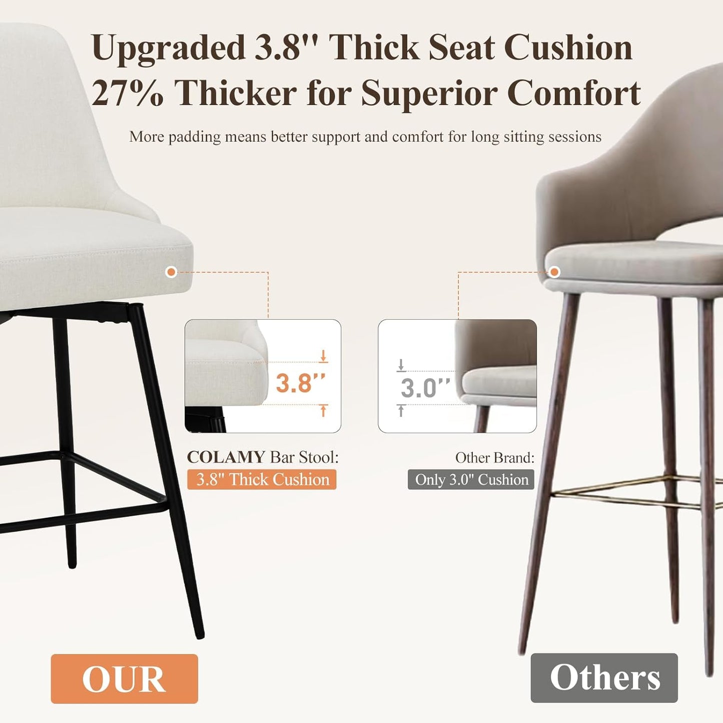 COLAMY Bar Stools Set of 2, 26.18" Counter Height Swivel Stools with Thick Padded Seat, Adjustable Footrest & 360° Rotation, Soft Fabric Upholstery for Kitchen Island/Home Bar/Cafe, Beige
