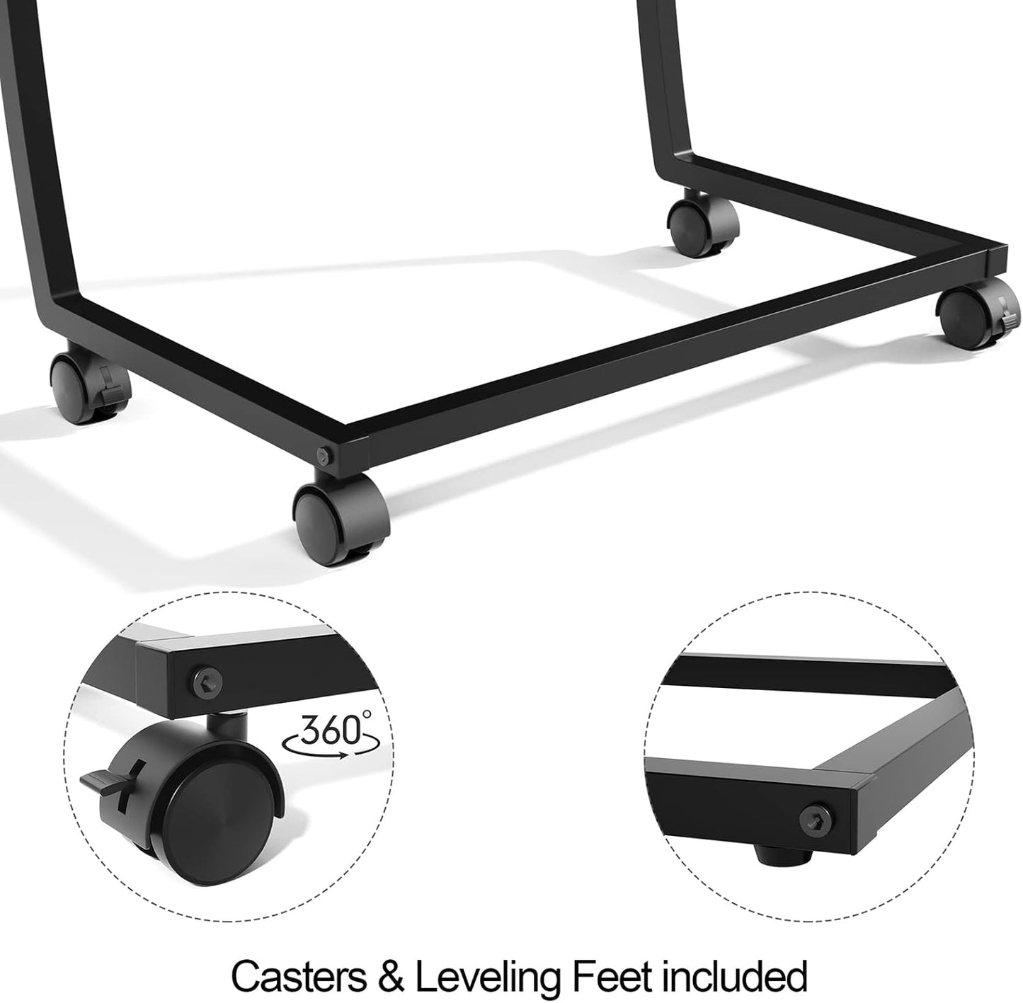 SRIWATANA Side Table, C-Shaped End Table with Rolling Wheels,Rustic Sofa Couch Table for Laptop Coffee Snack, Dark Walnut