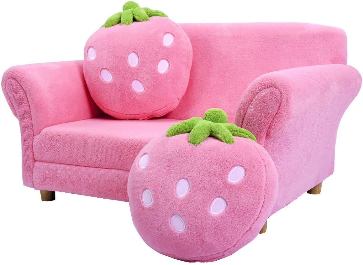 Costzon Kids Couch, Double Seat Pink Children's Sofa with 2 Strawberry Pillows, Toddler Armrest Chair for Bedroom, Living Room, Large Soft for Kids Loveseat Toy for Baby Girls Preschool Gifts Presents