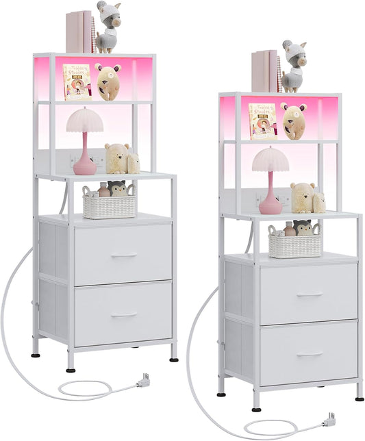 WLIVE Nightstand Set of 2 with Charging Station, LED Night Stands with 2 Fabric Drawers and 4 Storage Open Shelves, Bedside Table Sets for Bedroom, White