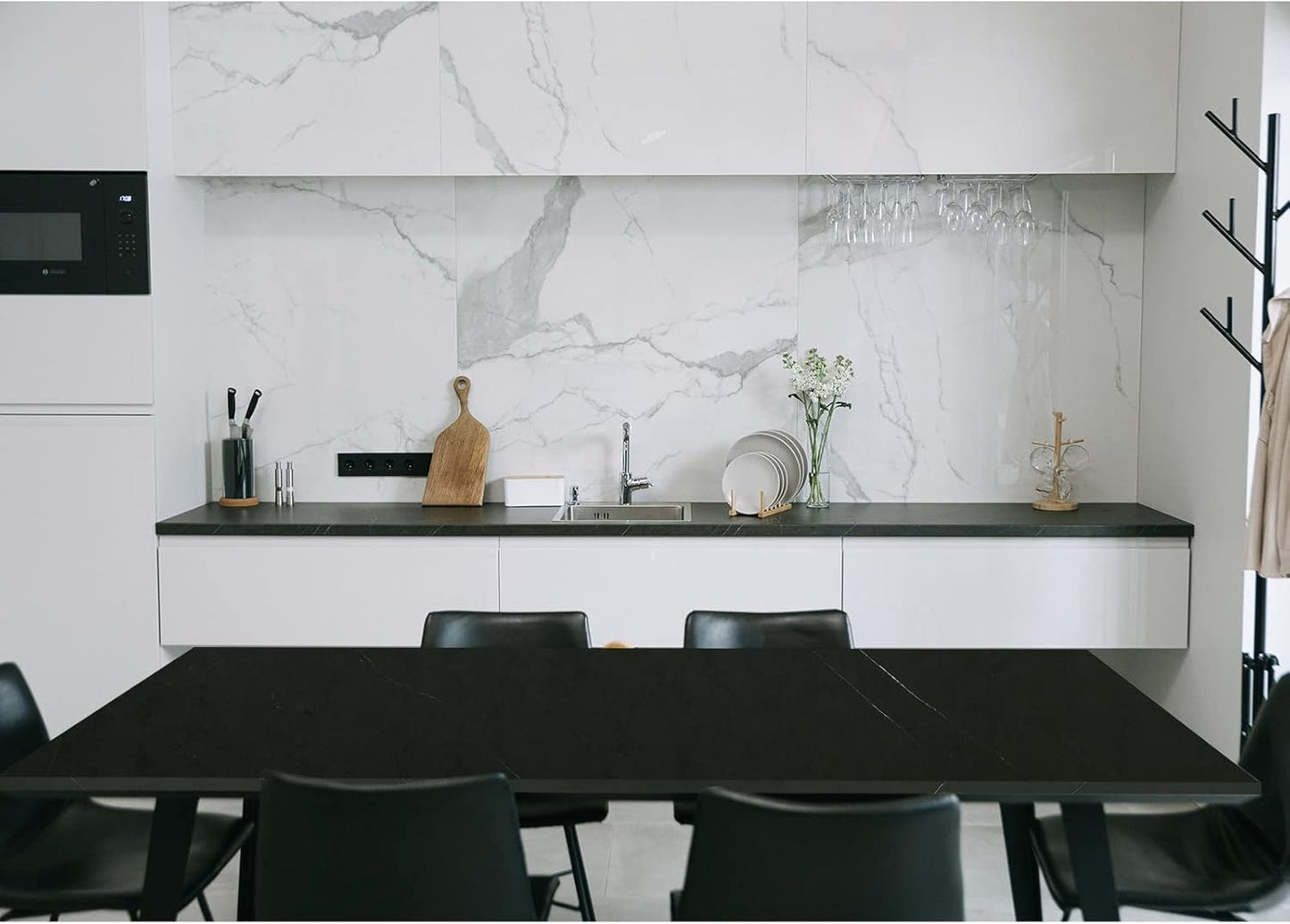 Kaboon Universal Tabletop 55"x27.5", Solid One-Piece Melamine Table Top, Double Desk L-Desk DIY, Home and Office Countertop, Cloud Atlas/Black Marble