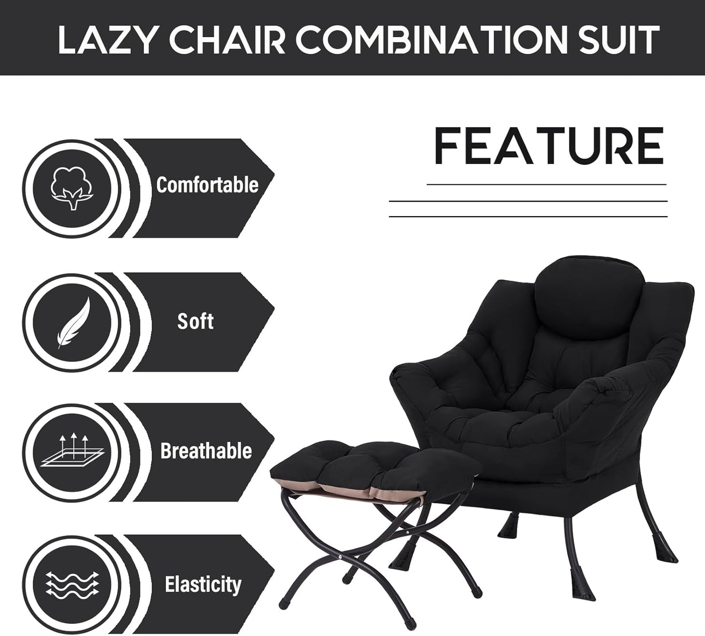 LITA Lazy Chair With Ottoman, Modern Accent Leisure Upholstered Sofa, Contemporary Lounge Reading With Armrests and Side Pocket for Living Room, Bedroom & Small Space, Black