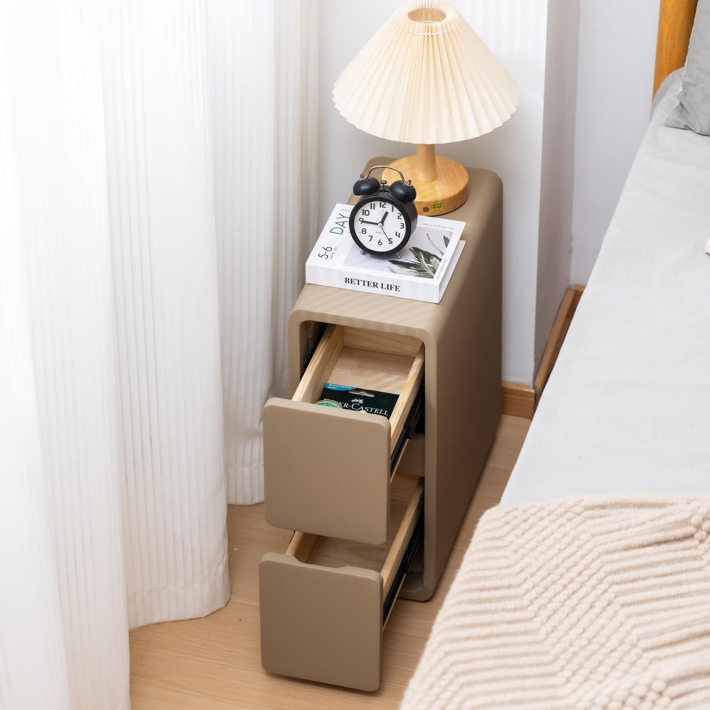 Narrow Nightstand, Solid Wood Night Stand for Small Spaces, Couch, Khaki Color 7.87in Wide