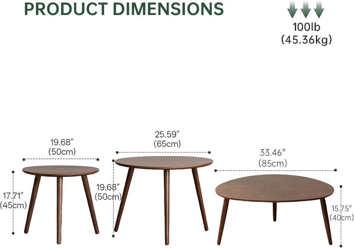 Small Oval Nesting Table, Mid Century Coffee Tables for Living Room,Solid Oak Wood Side Table,Triangle Tabletop with 3 Legs,Minimalist Display End Tables (Walnut Color, 3 Pieces)