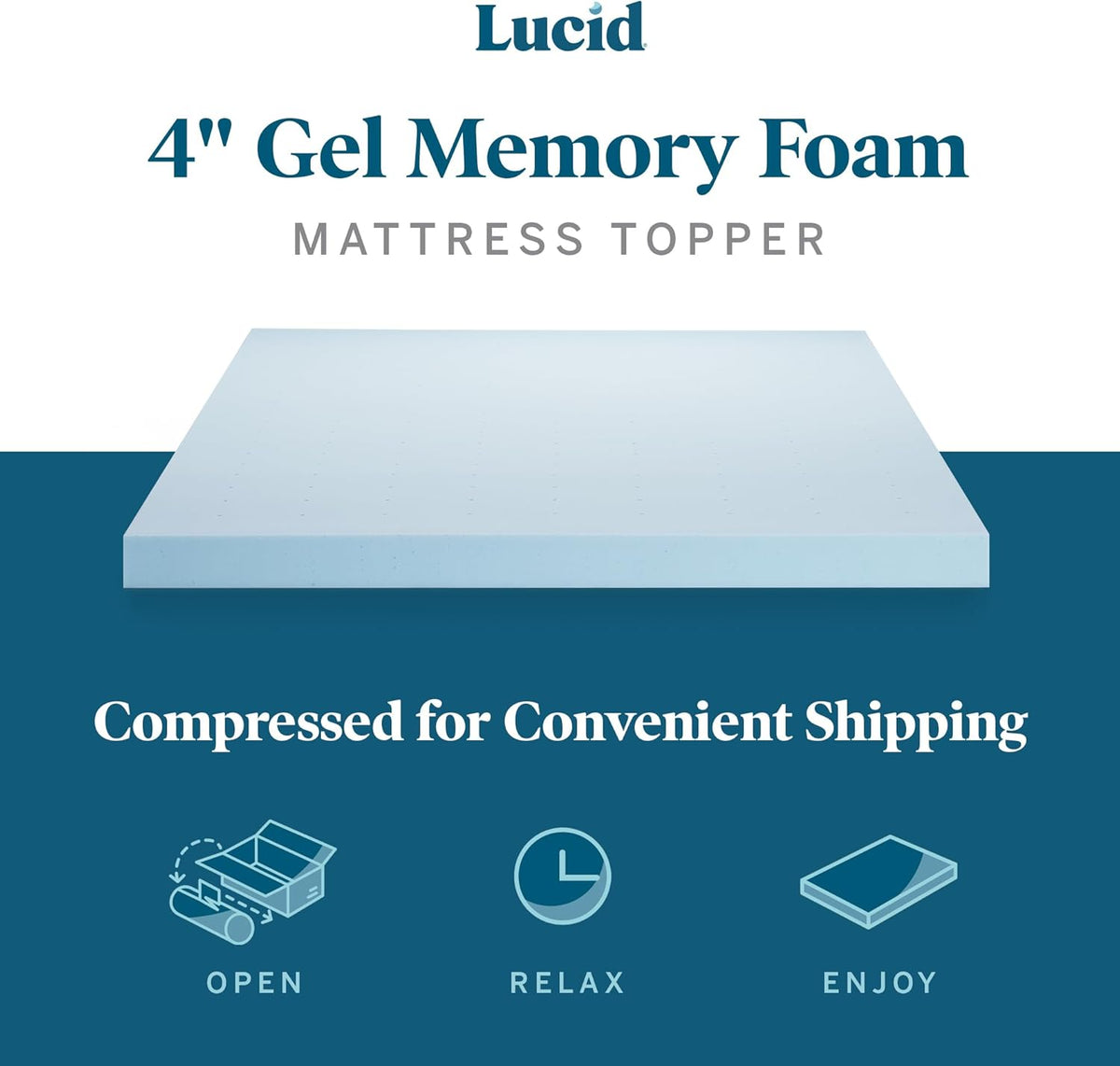 Lucid 4 Inch Mattress Topper - California King Size - Cooling Gel Infused Memory Foam - Plush Feel Pressure Relieving Bed Topper - Mattress Pad – Ventilated Breathable Design – CertiPur Certified
