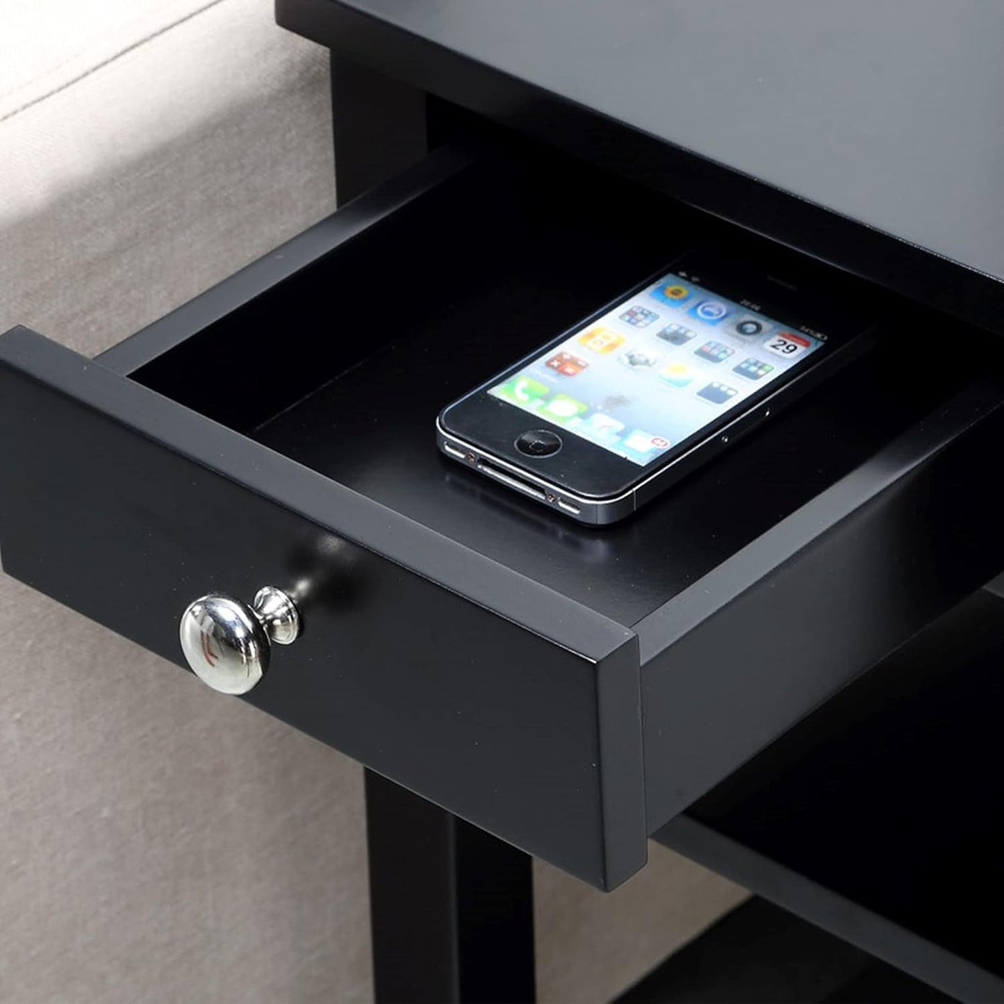 Convenience Concepts American Heritage Chairside End Table with Drawer 23.5" - Classic Living Room Table with Storage Shelf, Bedroom Nightstand, Black