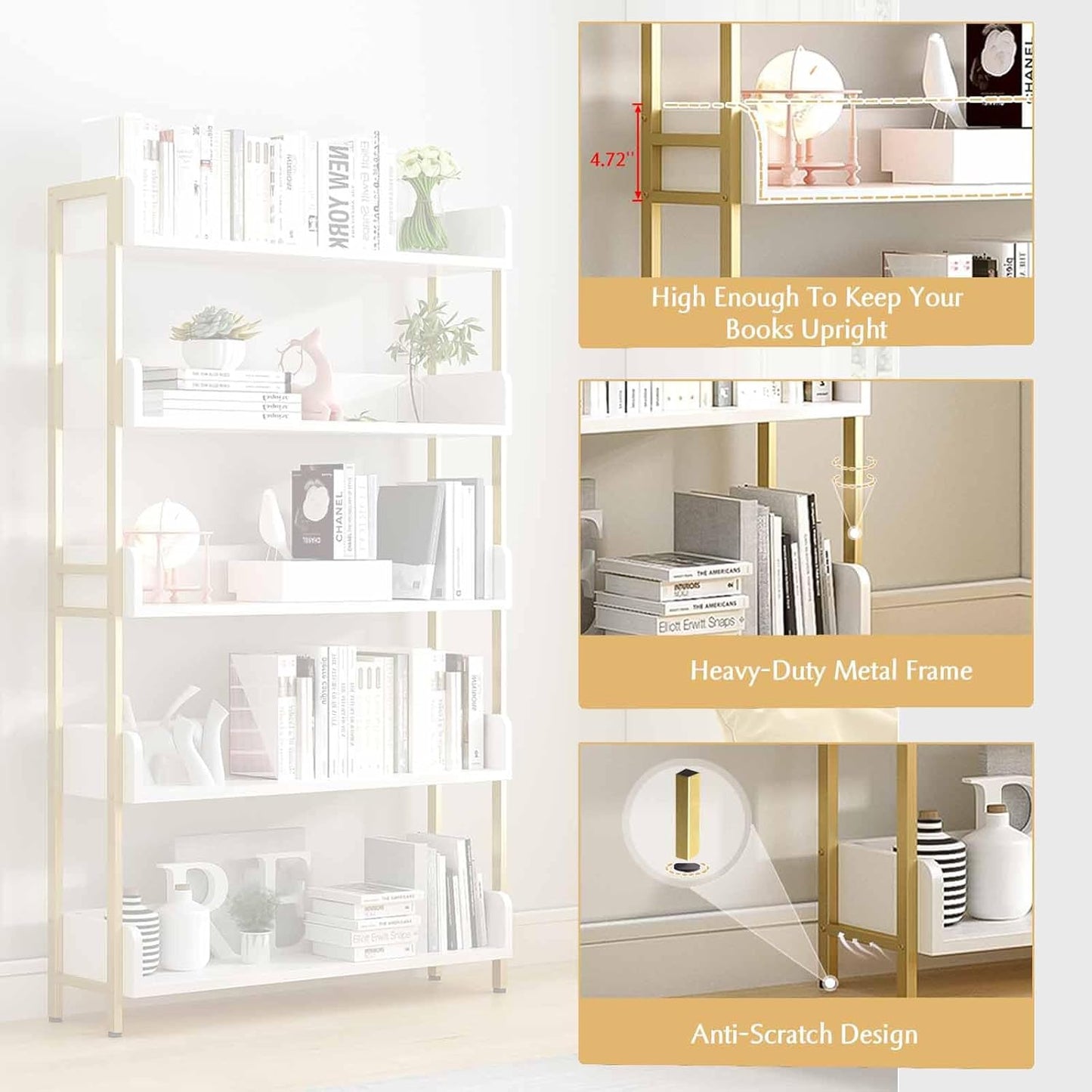 Wide Open Shelf Bookcase - Modern 3-Tier Floor Standing Display Bookshelf with Three-Side Panels for Home and Office, Storage Shelving in Warm White with Gold Frame