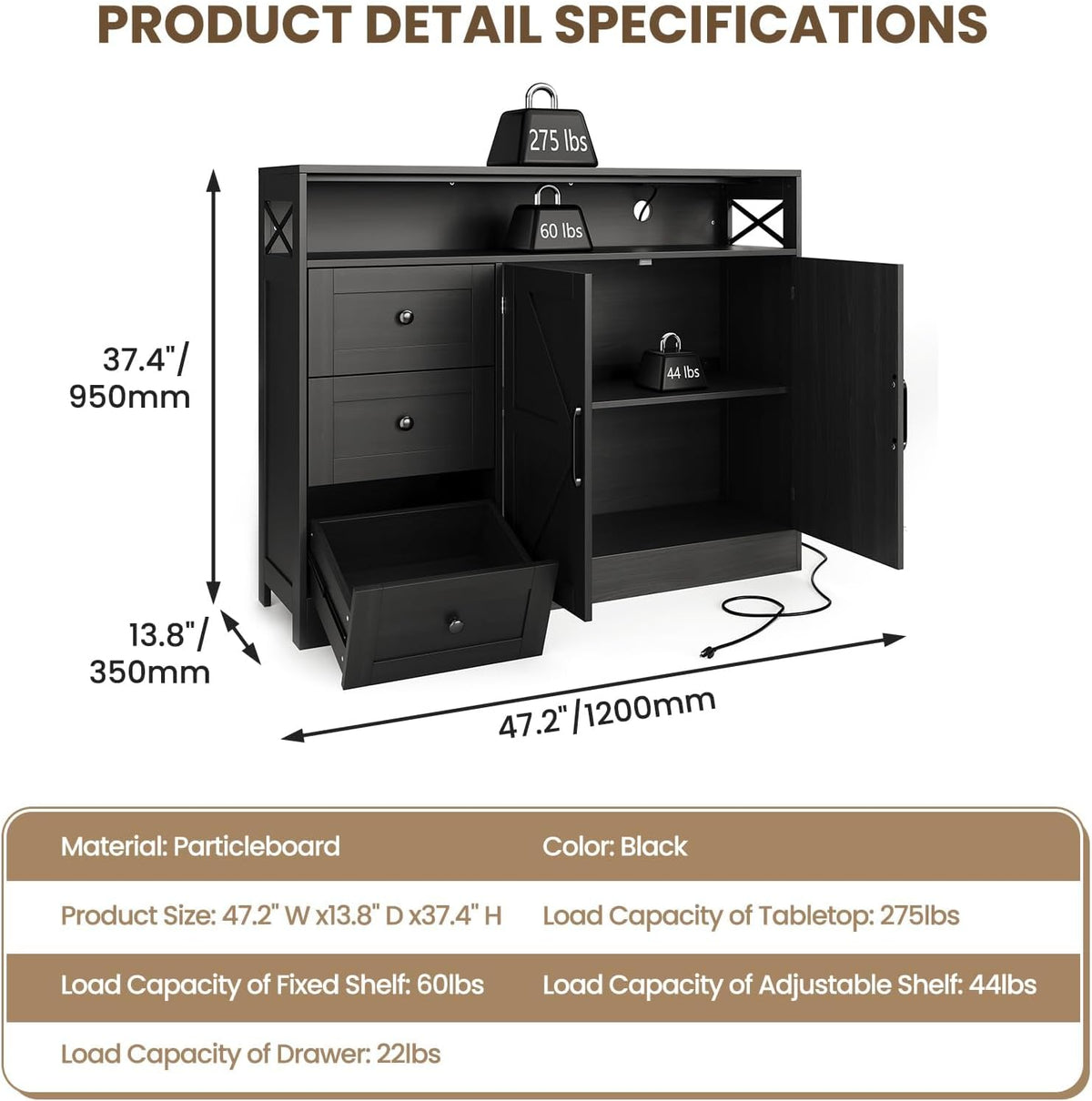 47" Farmhouse Sideboard Buffet Cabinet with Storage & Built-in Power Outlet,Coffee Bar Table Kitchen Buffet Cabinet with 3 Drawers and Barn Doors, Adjustable Shelves for Living Room Dining Room Black