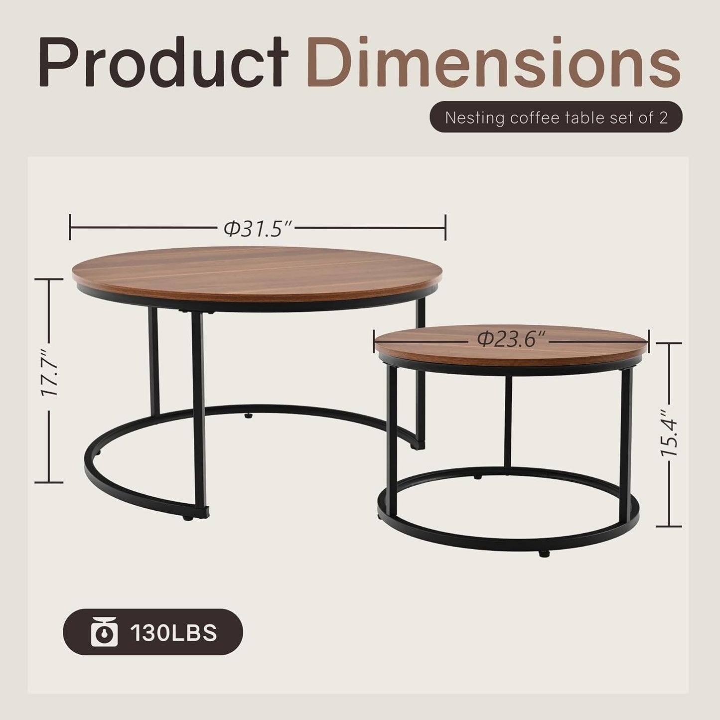 Nesting Tables Set of 2, 31.5" Round Coffee Table, Small Nesting Coffee Table with Adjustable Non-Slip Fee, Wood Grain Top Nesting Tables for Living Room, Bedroom (Wood Grain Brown)