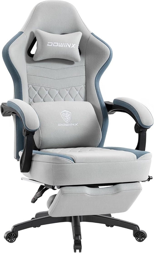 Dowinx Gaming Chair with Footrest, Breathable Fabric Gamer Chair with Gel Pad and Storage Bag, Ergonomic Office Chair with Lumbar Support for Home Task,Grey