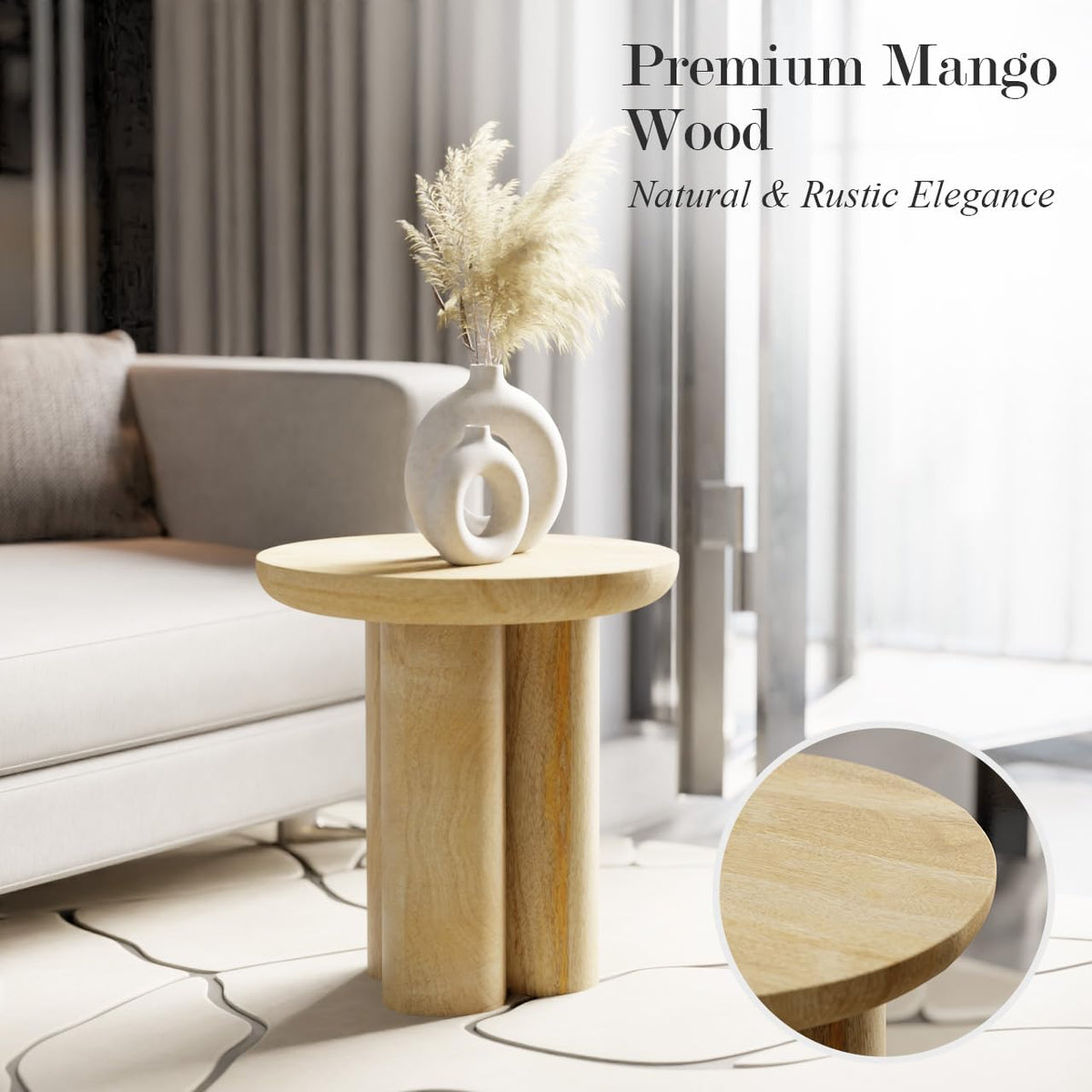 Relso Gaia Round End Table for Living Room and Farmhouse | Solid Mango Wood for Rustic Elegance | Ideal for Side Tables, Nightstands & More | Wood Side Table Round for Bedroom (Natural)