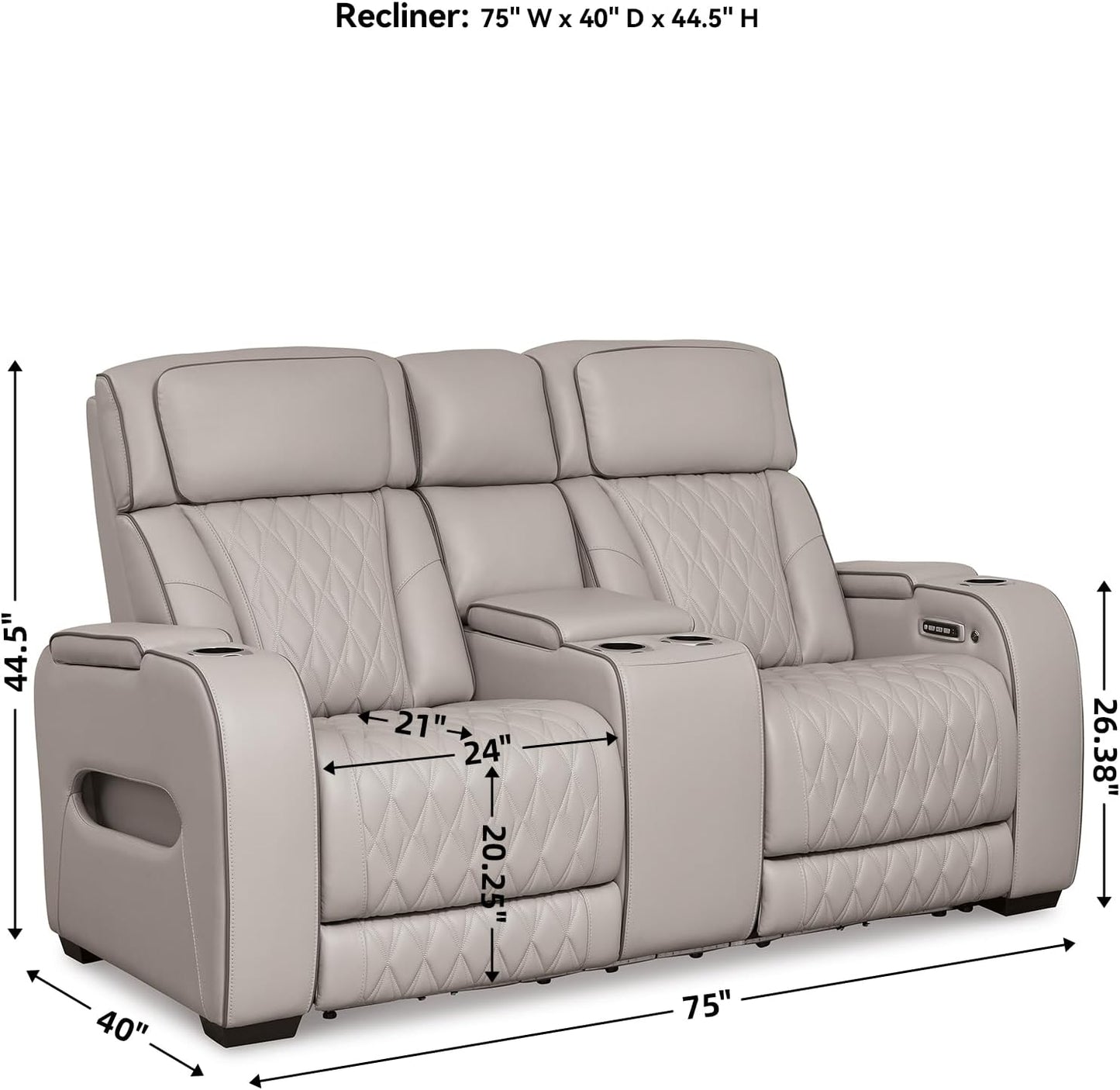 Signature Design by Ashley Boyington Contemporary Leather Match Power Reclining Loveseat with Console and USB Charging Ports, LED Lights and Adjustable Headrest, Light Gray