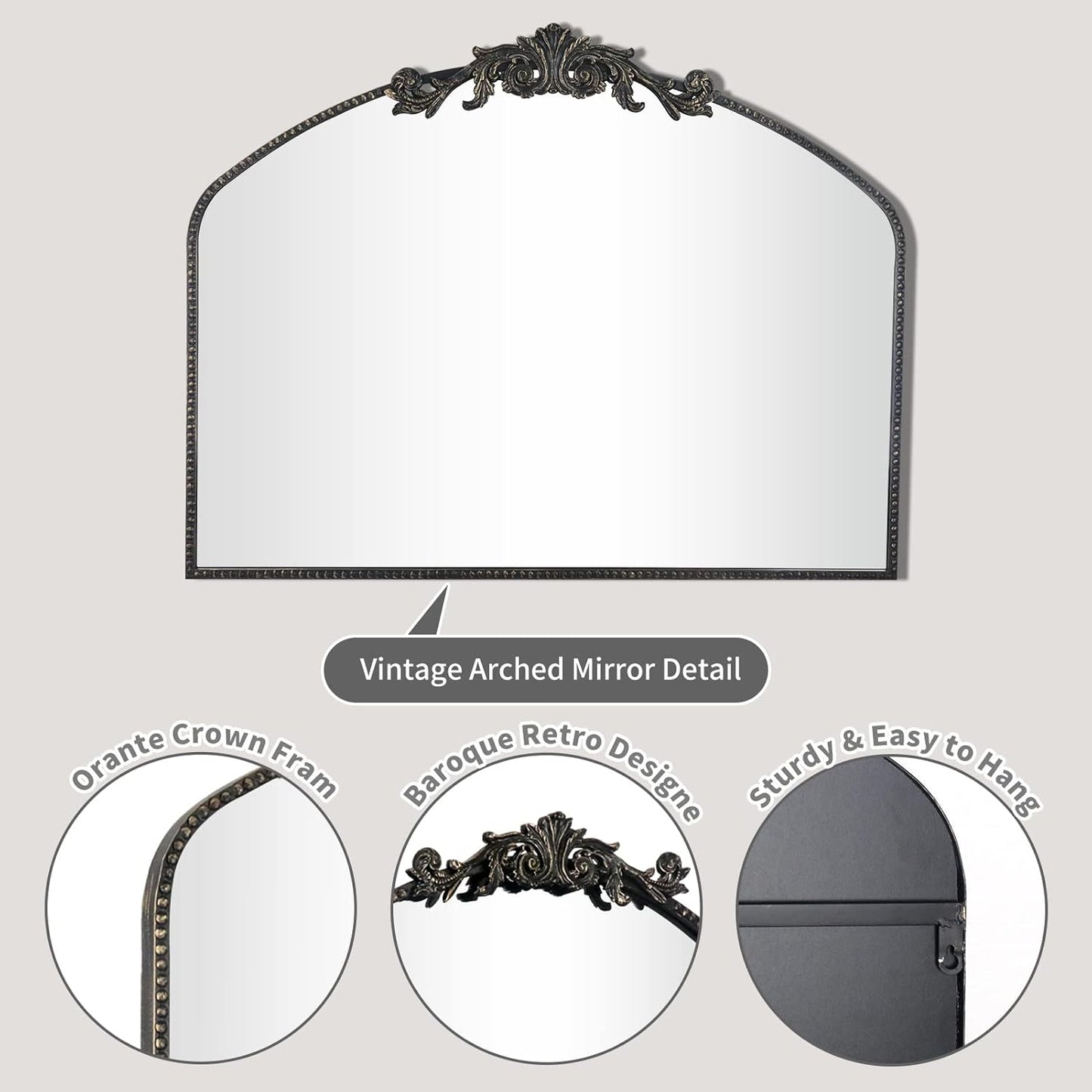 AIXI HOME Vintage Black Arched Mirror 36"X29", Antique Baroque Mantel Wall Mirror with Black Brush Gold Metal Ornate Frame for Entryway/Fireplace/Living Room/Hallway/Bathroom/Bedroom