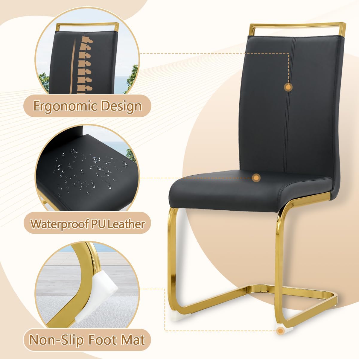 Dining Chairs Set of 2, Faux Leather Dining Chairs with Plated Chrome Metal Frame, Modern Kitchen Chairs Set with Padded Seat High Back for Dining Room, Kitchen Room, Living Room.