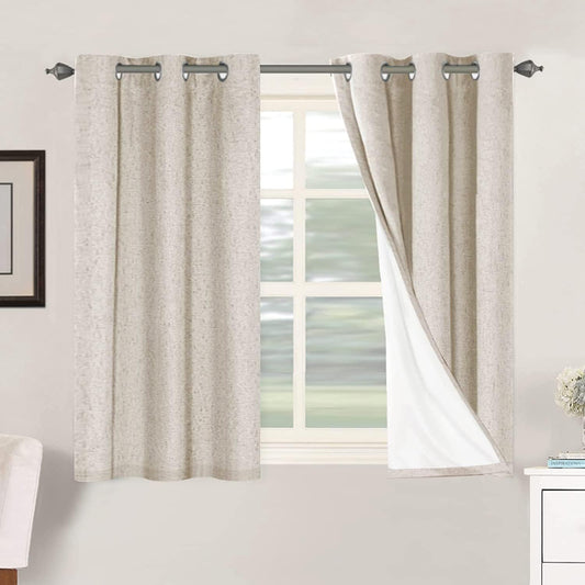 H.VERSAILTEX Primitive Linen Curtains 100% Blackout Curtain Drapes Burlap Curtains with White Thermal Insulated Liner, Grommet Top Drapes Living Room/Bedroom (2 Panels, 42 x 45 Inch, Natural)
