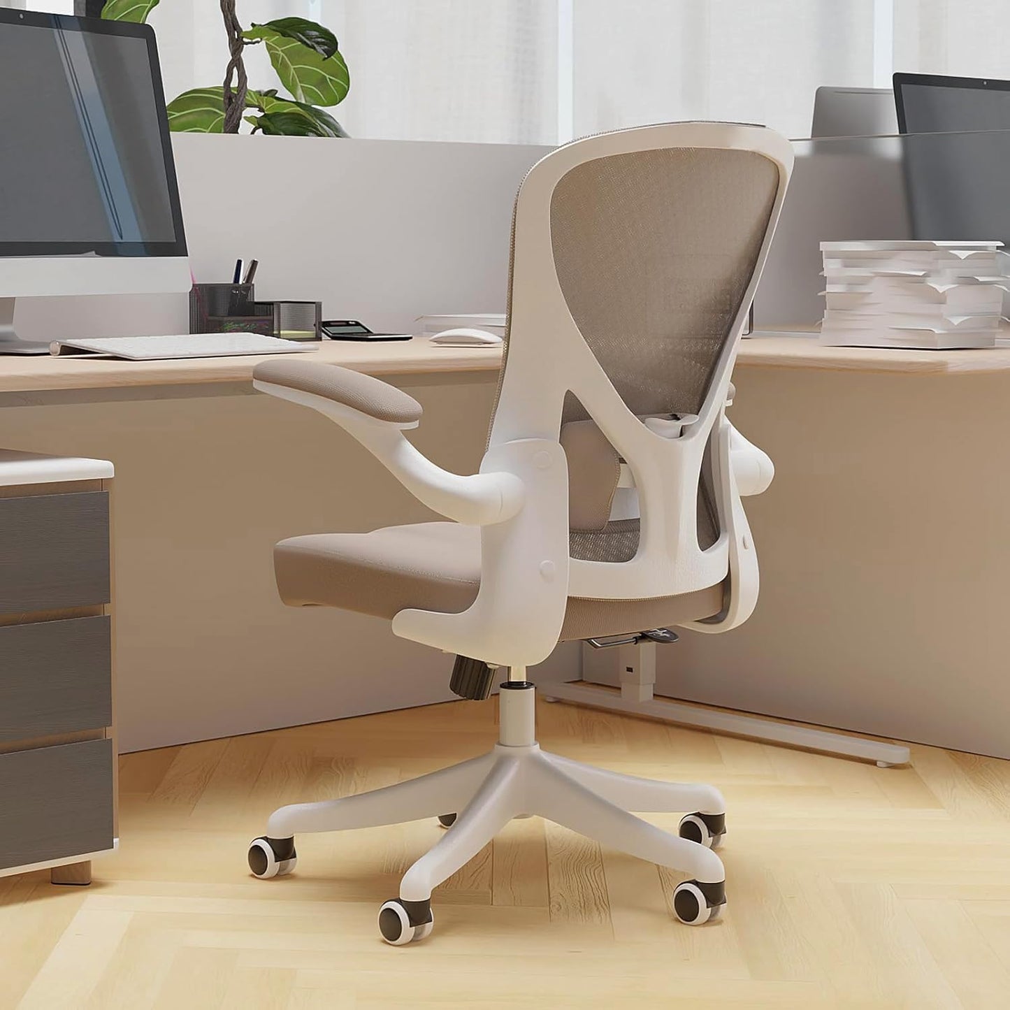 Ergonomic Office Chair with Adjustable Lumbar Support & Flip-Up Armrests - High Back Computer Desk Chair with Thickened Seat Cushion, Rolling Wheels for Home/Office Study Work