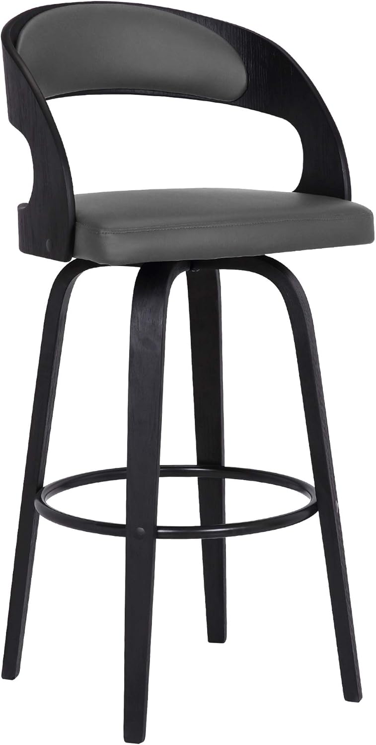 Armen Living Shelly 30" Bar Height Swivel Gray Faux Leather and Black Wood Bar Stool - Set of 2