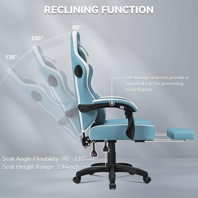 HOFFREE Gaming Chair with Speakers Massage Computer Gaming Chair with Pocket Spring Cushion for Adults Reclining Gamer Chair with Bluetooth Video Game Chairs with Footrest Stone Blue and White