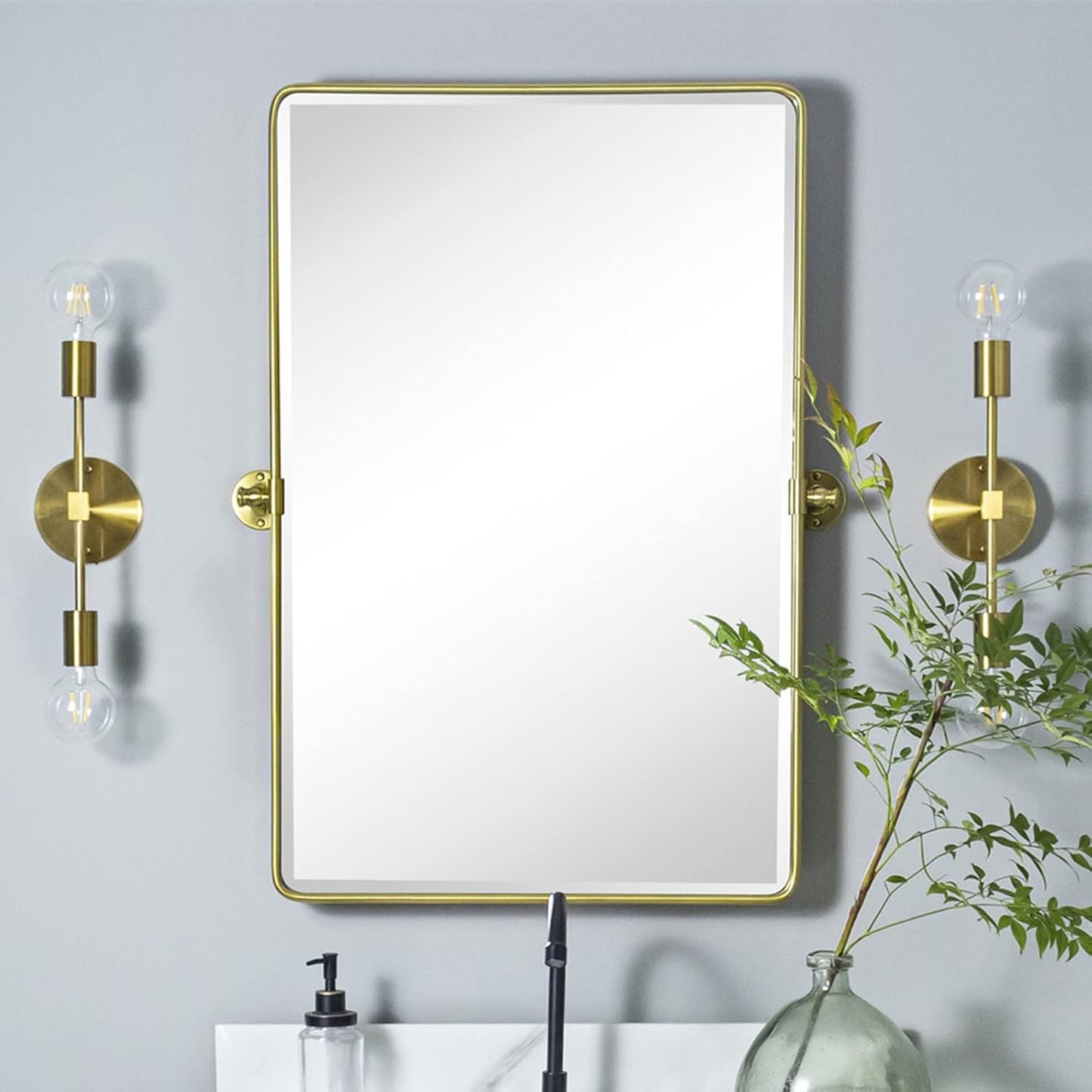 TEHOME 20x30'' Pivot Rectangle Bathroom Vanity Mirror Brushed Gold Rounded Corner Metal Framed Tilting Beveled Vanity Wall Mirrors