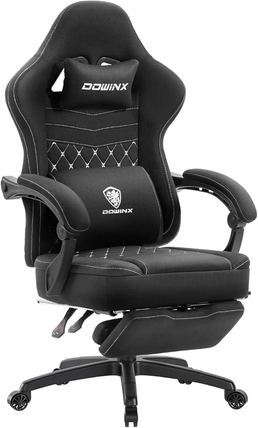 Dowinx Gaming Chair with Footrest, Breathable Fabric Gamer Chair with Gel Pad and Storage Bag, Ergonomic Office Chair with Lumbar Support for Home Task, Black