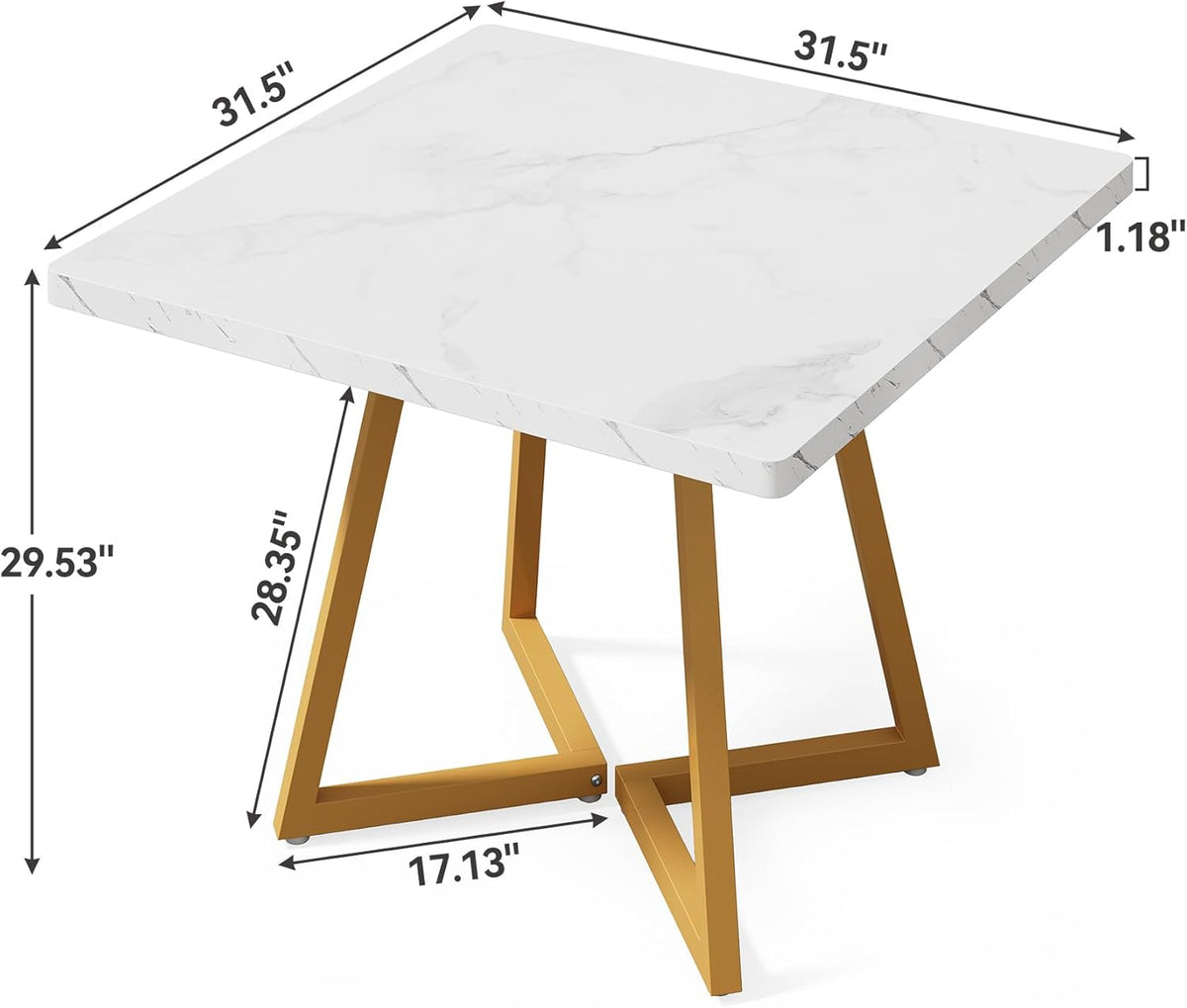 LITTLE TREE 31.5 Inches Small Dining Table for 4, Square Dinner Table for Small Space, Dining Room Tables, White Gold Wooden Kitchen Table with Metal Legs, Modern Leisure Cafe Table for Apartment