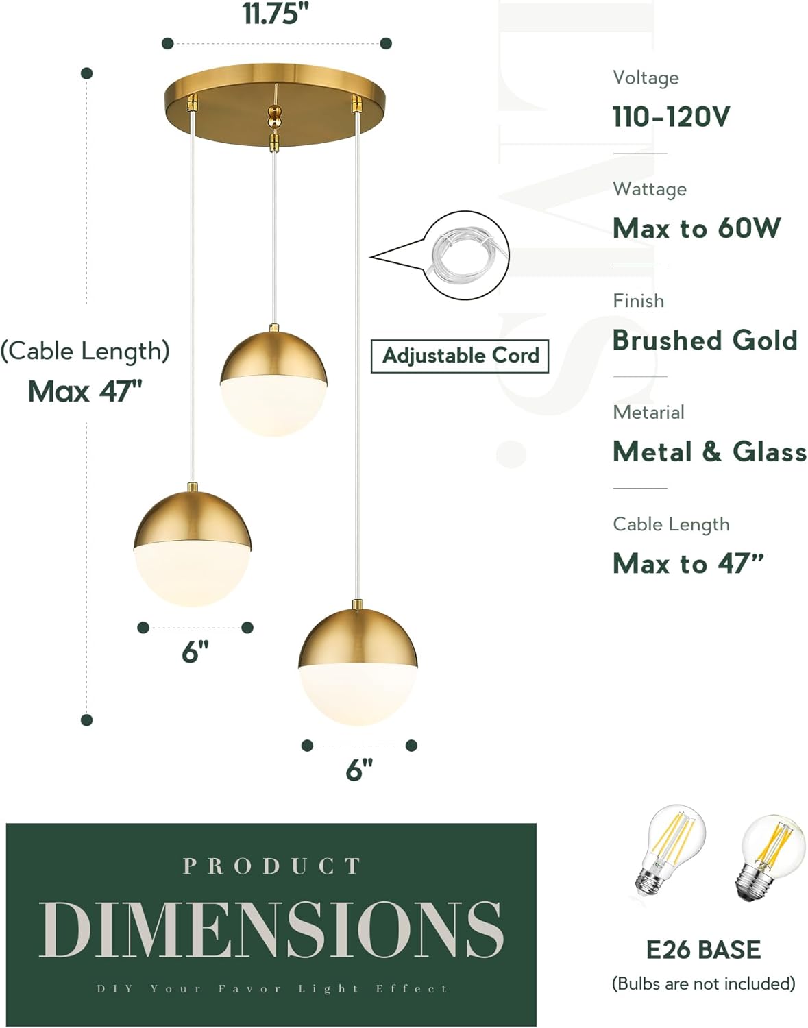 LMS Brushed Gold 3-Light Cluster Pendant Lights, Modern Kitchen Island Lighting with White Globe Glass Shade, Adjustable Hanging Cord Ceiling Light for Bathroom Bedroom Dining Room, LMS-186BG3