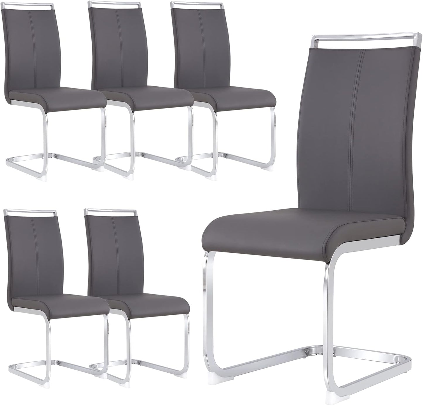 Dining Chairs Set, Kitchen Modern Metal Chairs with Faux Leather Padded Seat High Back and Sturdy Chrome Legs, Chairs for Dining Room (Grey, Set of 6)