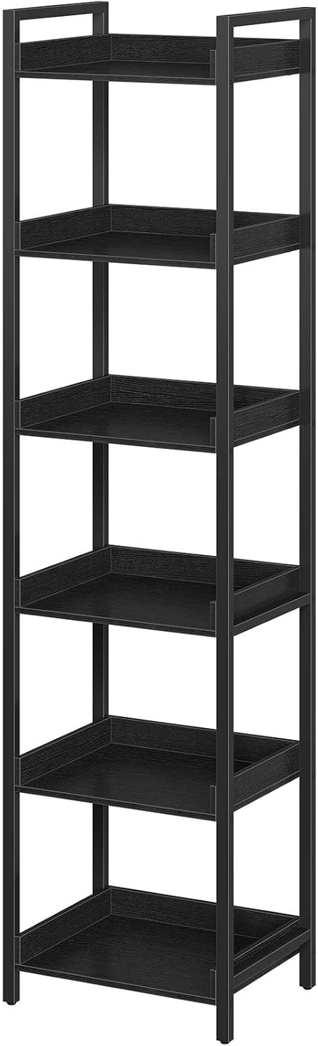 Rolanstar Bookshelf, 6-Tier Storage Rack, Narrow Corner Bookshelf, Display Wooden Shelves for Living Room, Bathroom, Balcony, Kitchen,Black