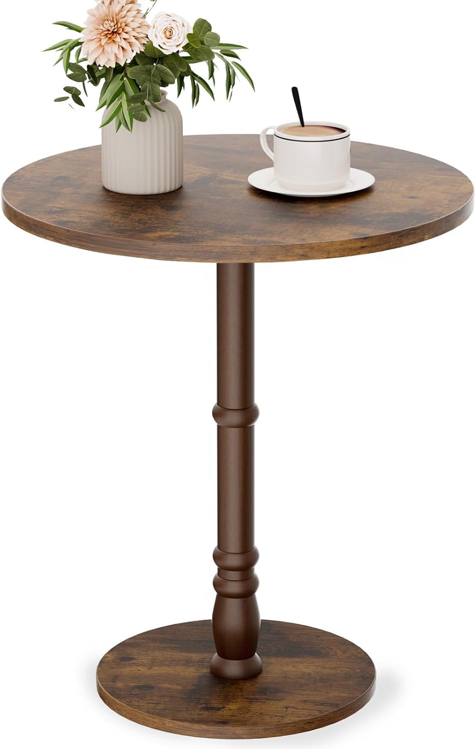 Round Side Table, Solid Wood Pillar, Large 15.7" Top, Small Accent Table for Living Room, Bedroom, Sofa, Entryway & Office, Easy Assembly, Rustic Brown