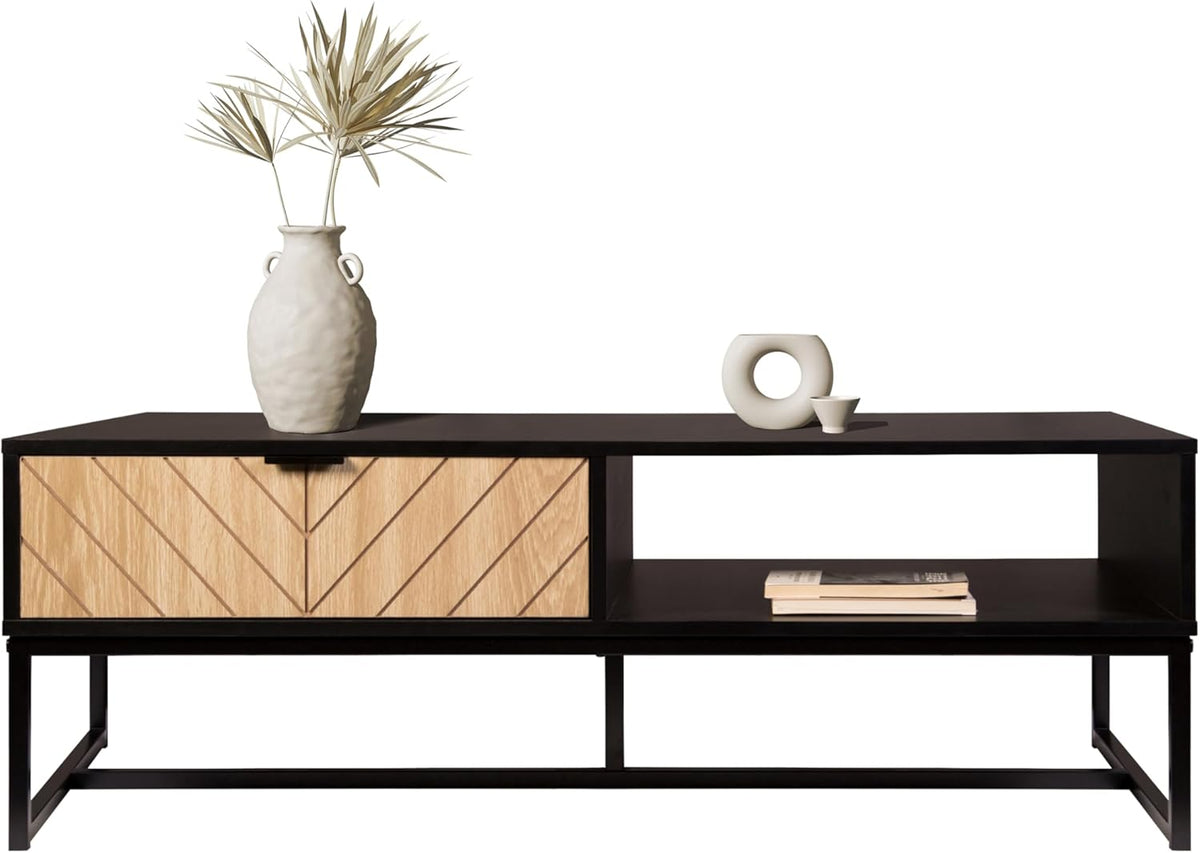 AC Pacific Bali Coastal Modern TV Stand with Storage Cubby and Natural Wood Drawer, Stylish and Functional Entertainment Center for Living Room or Bedroom, 47" Long, Black