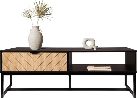 AC Pacific Bali Coastal Modern TV Stand with Storage Cubby and Natural Wood Drawer, Stylish and Functional Entertainment Center for Living Room or Bedroom, 47" Long, Black