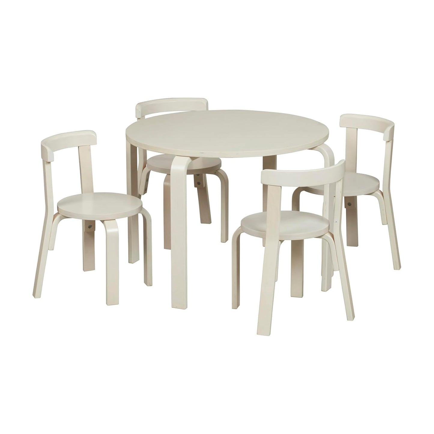 ECR4Kids Bentwood Round Table and Curved Back Chair Set, Kids Furniture, White Wash, 5-Piece